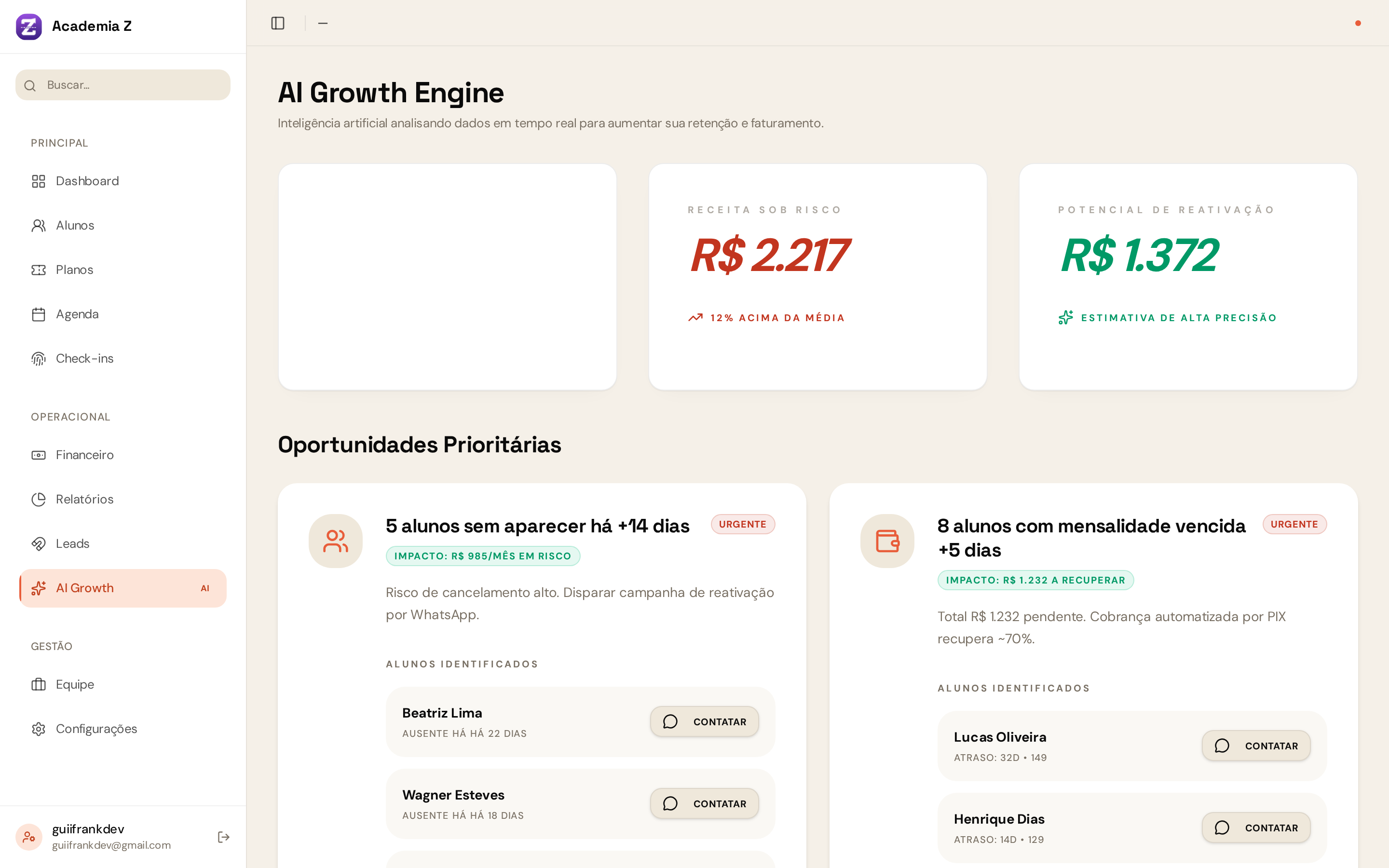 AI Growth Engine — receita sob risco, potencial de reativação e oportunidades prioritárias